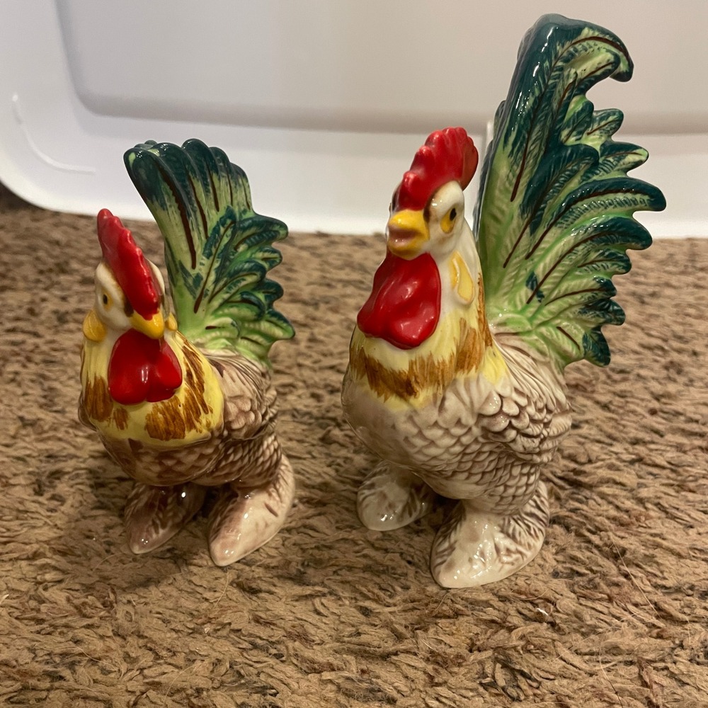Vintage Napco Ceramic Rooster & Hen Figurines Farmhouse Country Kitchen‎ Decor
